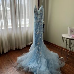 light blue sparkly detailed prom dress